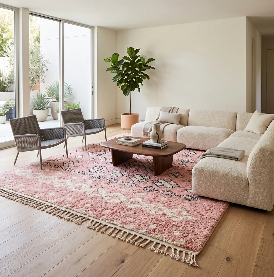 Tapis berbère Tafsut rose à losanges, vue 3 sur 4