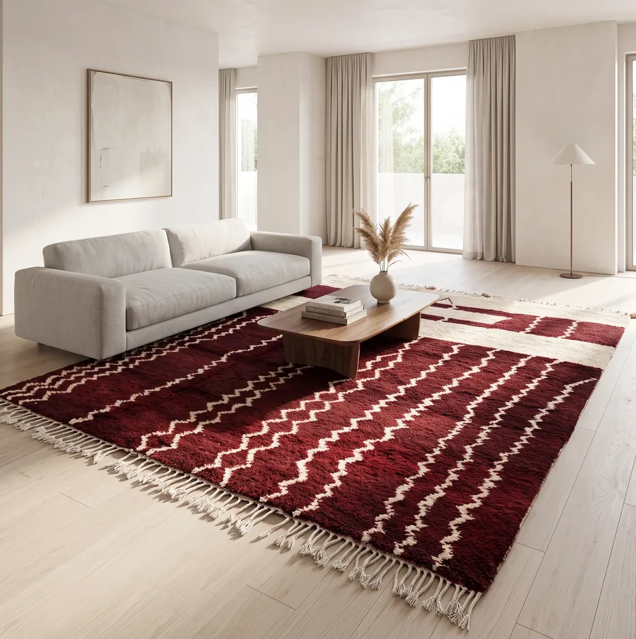Tapis berbère Taghazout rouge et blanc à lignes, vue 3 sur 4