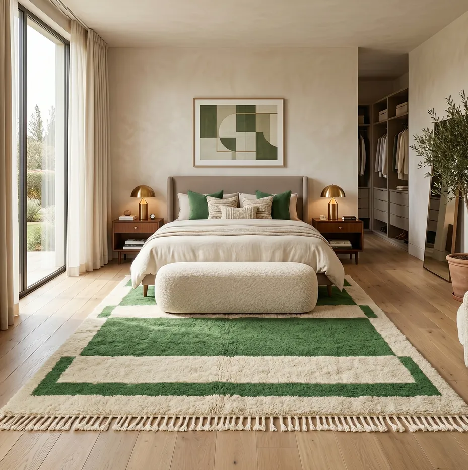 Tapis berbère Tahla vert et crème aux motifs géométriques, vue 3 sur 4
