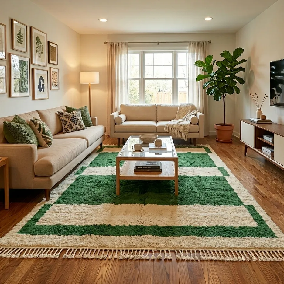 Tapis berbère Tahla vert et crème aux motifs géométriques, vue 4 sur 4