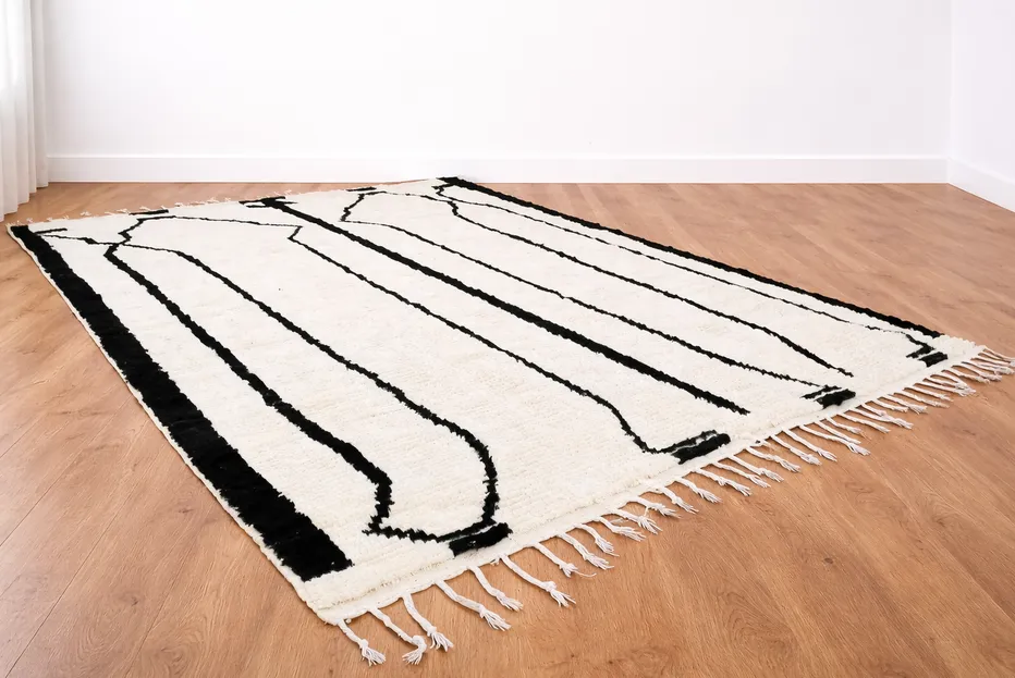 Tapis berbère Tamilla noir et blanc à lignes, vue 3 sur 4