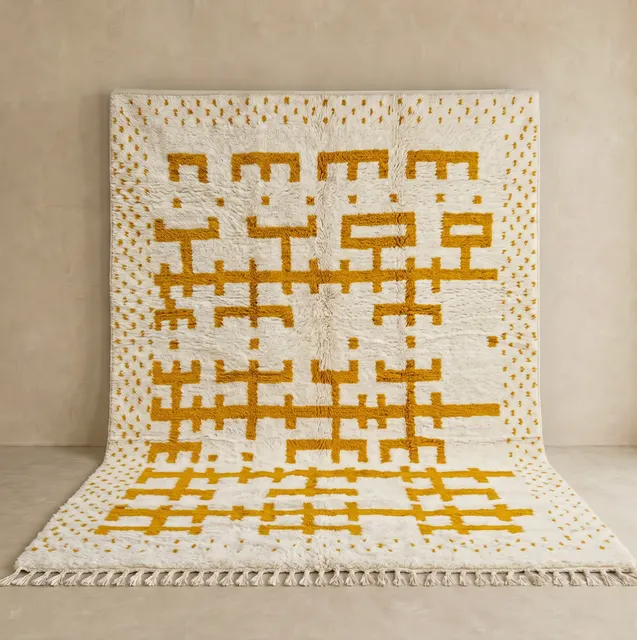 Tapis berbère Tamri blanc et jaune aux motifs berbères — tapis berbères contemporains