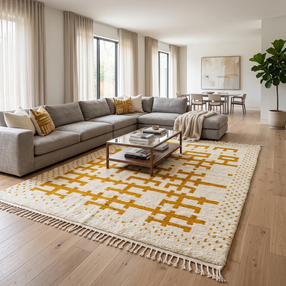 Tapis berbère Tamri blanc et jaune aux motifs berbères, vue 3 sur 4