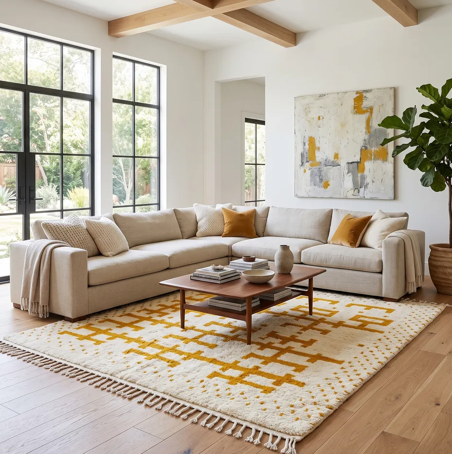 Tapis berbère Tamri blanc et jaune aux motifs berbères, vue 4 sur 4