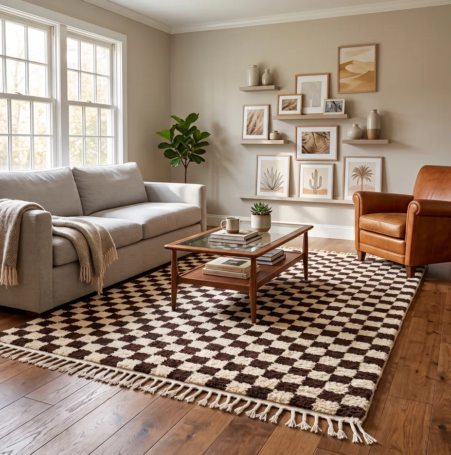 Tapis berbère Tamri noir et blanc à damier, vue 4 sur 4