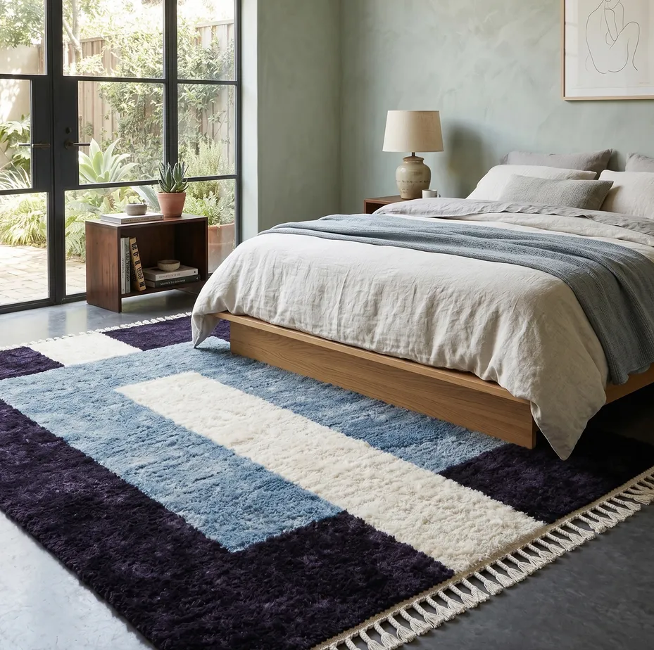 Tapis berbère Tamurt bleu aux motifs géométriques, vue 3 sur 4