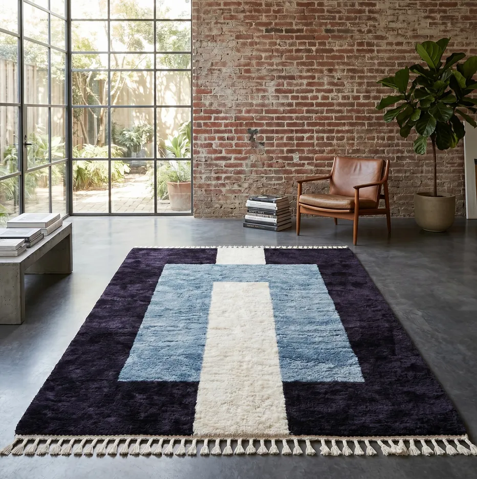 Tapis berbère Tamurt bleu aux motifs géométriques, vue 4 sur 4