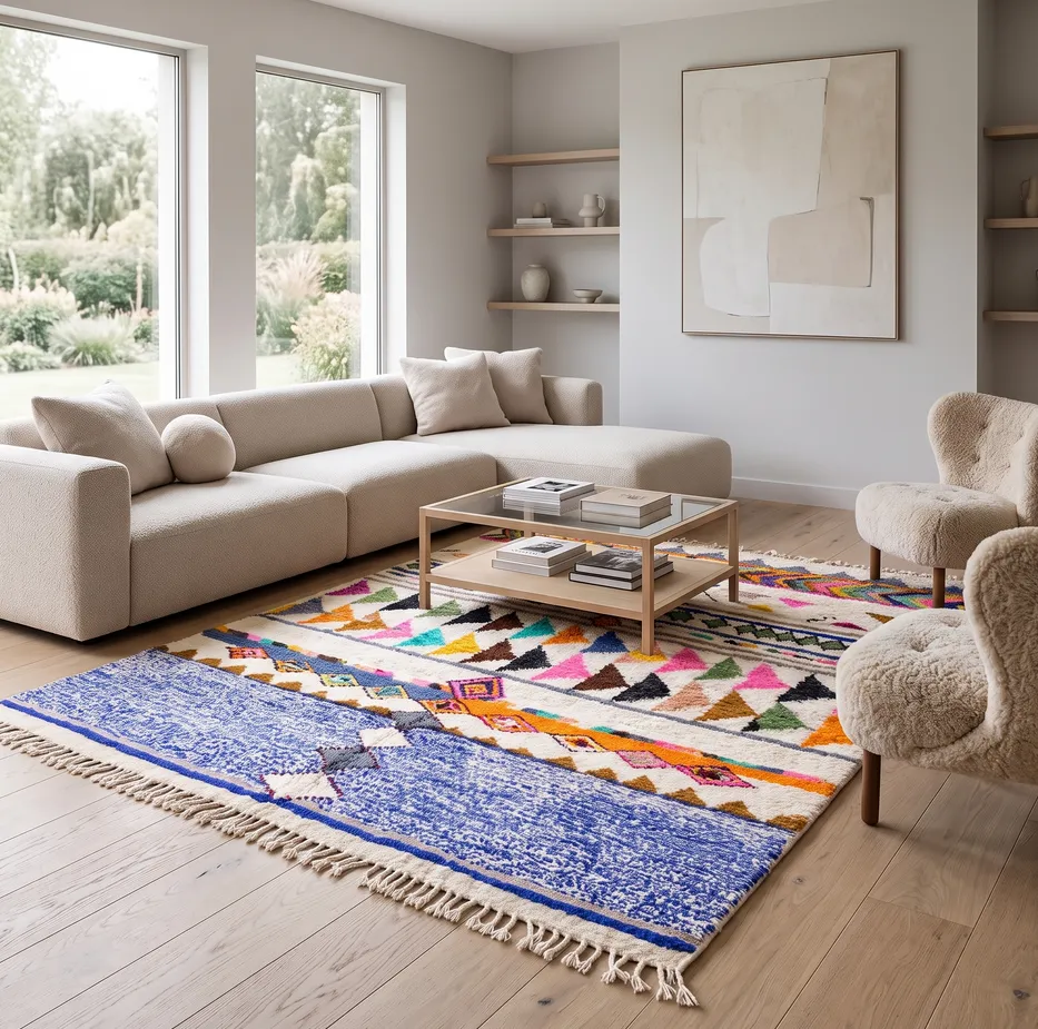 Tapis berbère Tanirt blanc et bleu aux motifs géométriques, vue 3 sur 4