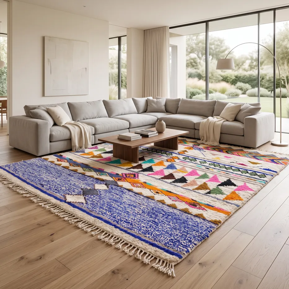 Tapis berbère Tanirt blanc et bleu aux motifs géométriques, vue 4 sur 4