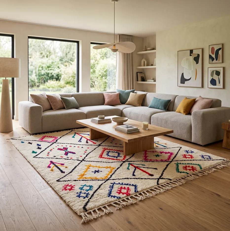 Tapis berbère Tarfaya multicolore à losanges, vue 4 sur 4