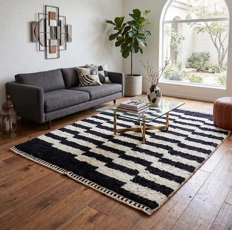 Tapis berbère Taroudant noir et blanc à rayures, vue 3 sur 4