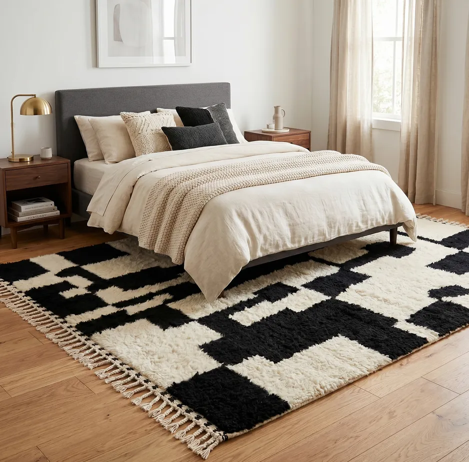 Tapis berbère Tazaghart noir et blanc au dessin abstrait, vue 4 sur 4
