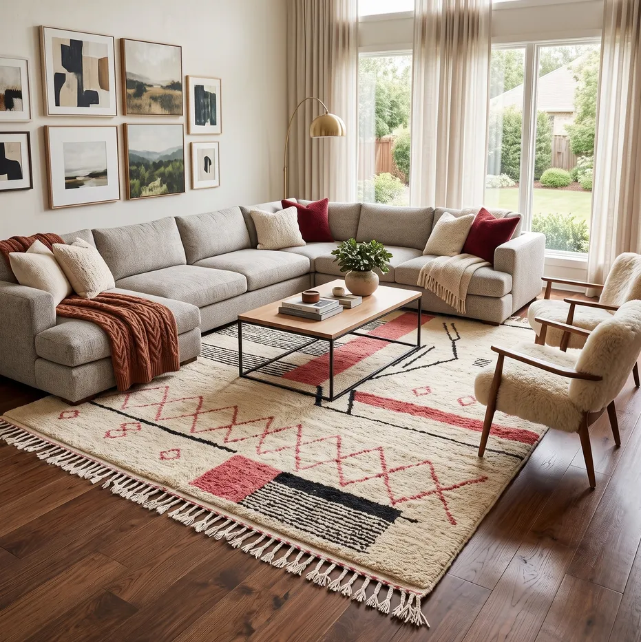 Tapis berbère Tendrara crème et rouge aux motifs géométriques, vue 3 sur 4