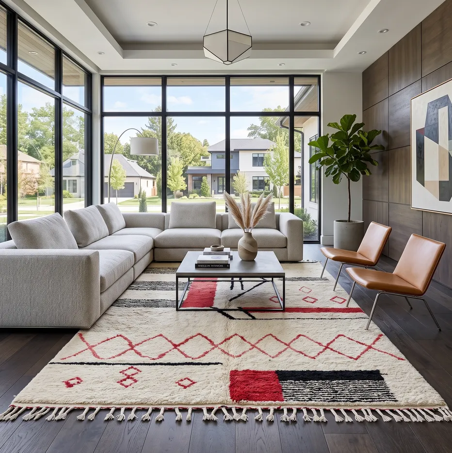 Tapis berbère Tendrara crème et rouge aux motifs géométriques, vue 4 sur 4