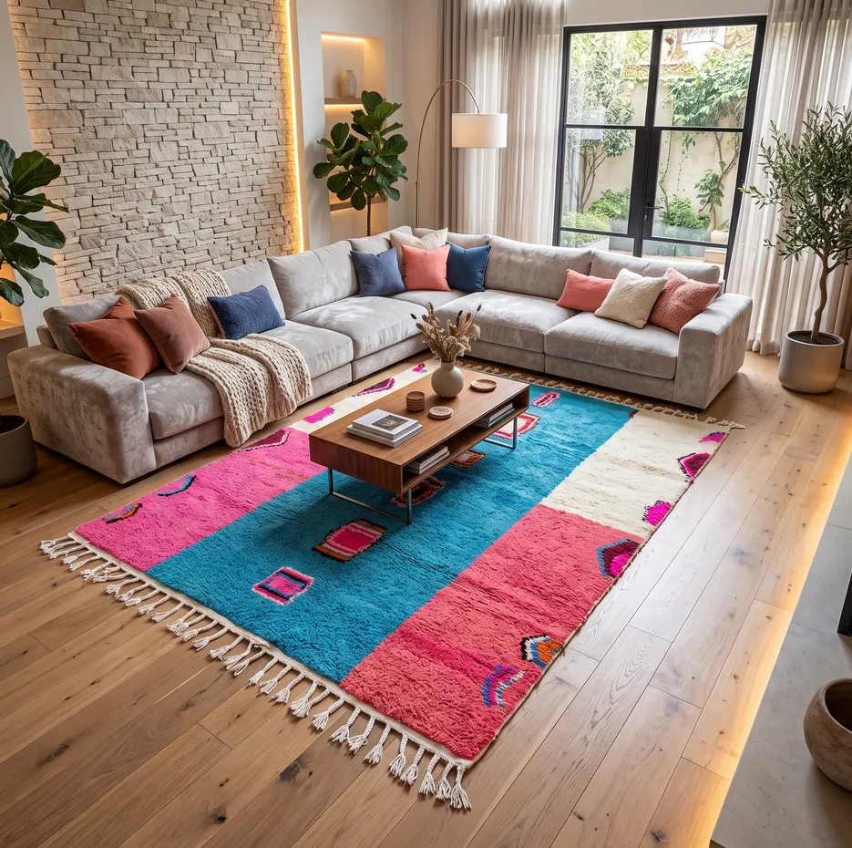 Tapis berbère Tendrara rose et bleu aux motifs géométriques, vue 3 sur 4