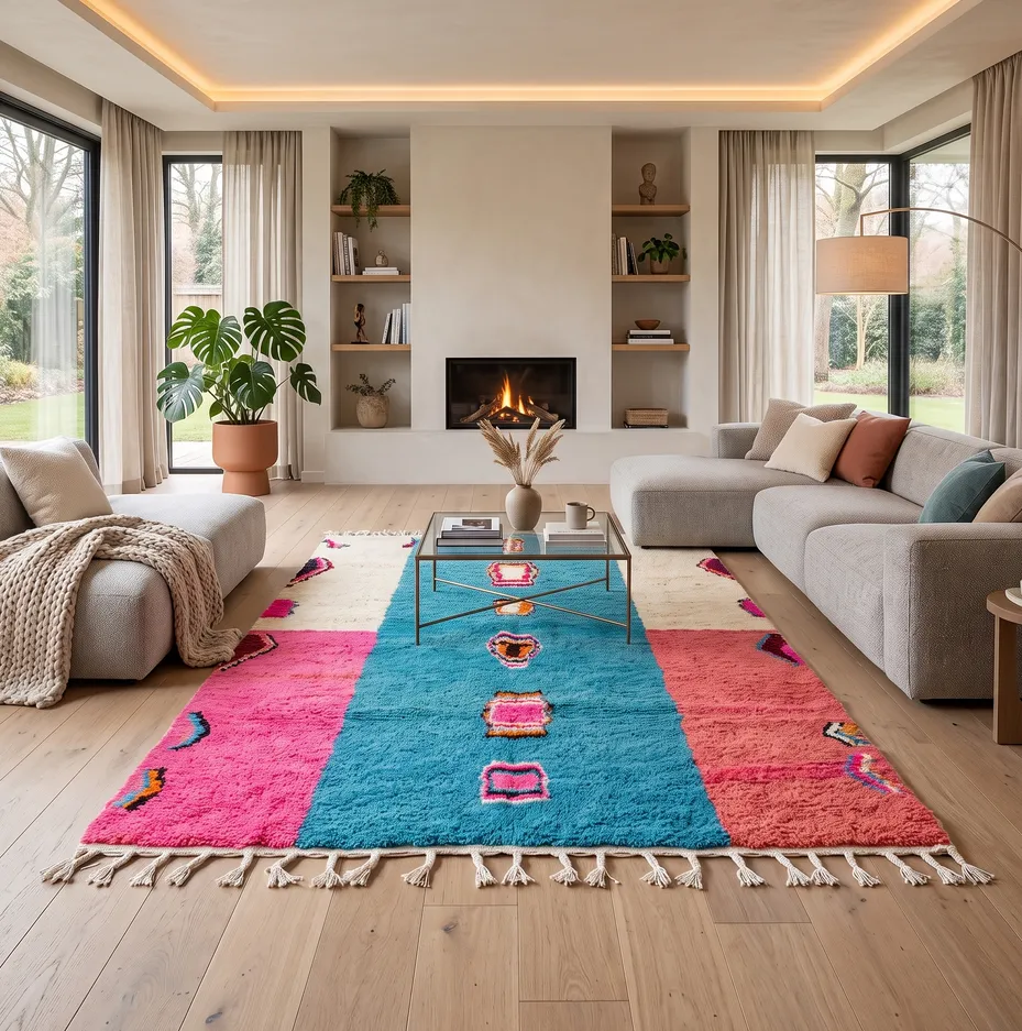 Tapis berbère Tendrara rose et bleu aux motifs géométriques, vue 4 sur 4