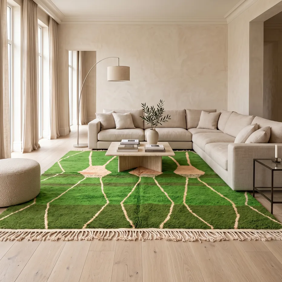 Tapis berbère Tifawt vert au dessin abstrait, vue 3 sur 4