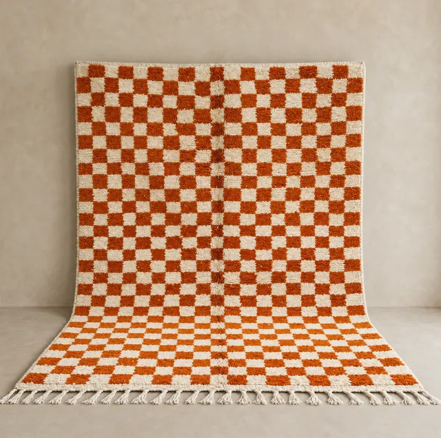 Tapis berbère Timahdite orange à damier — tapis berbères contemporains