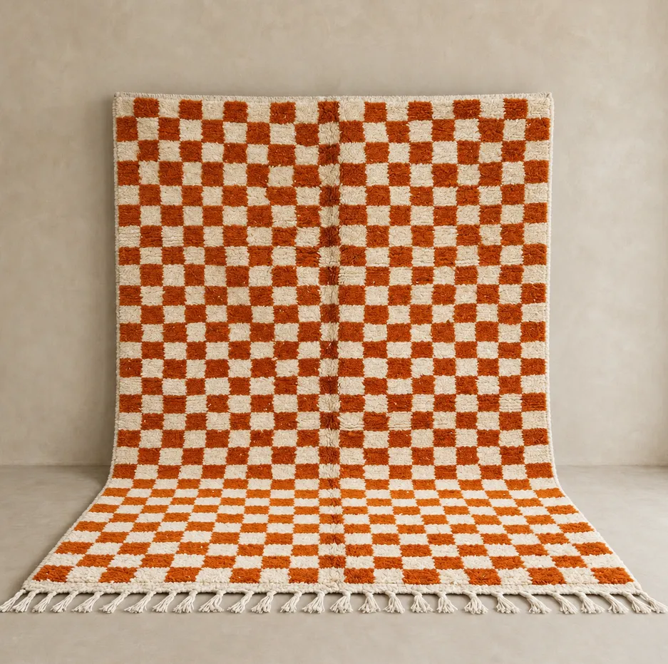 Tapis berbère Timahdite orange à damier — tapis berbères contemporains tissé à la main
