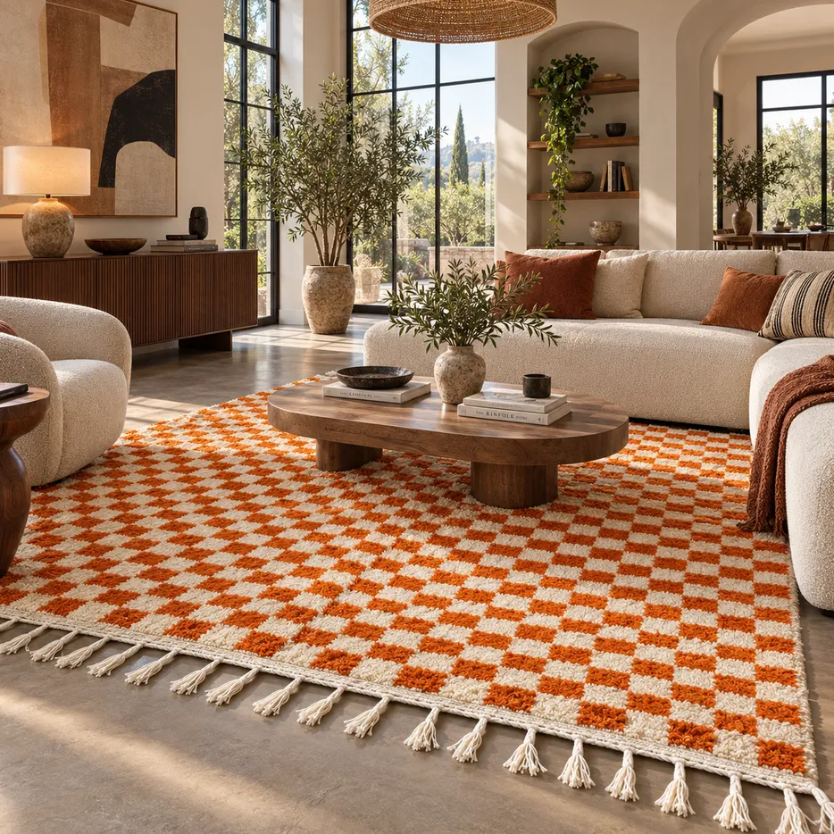 Tapis berbère Timahdite orange à damier, vue 3 sur 4