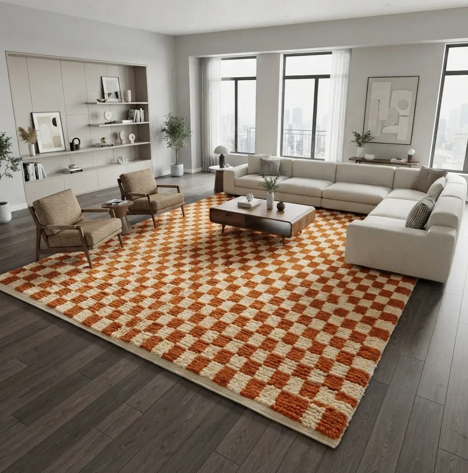 Tapis berbère Timahdite orange à damier, vue 4 sur 4