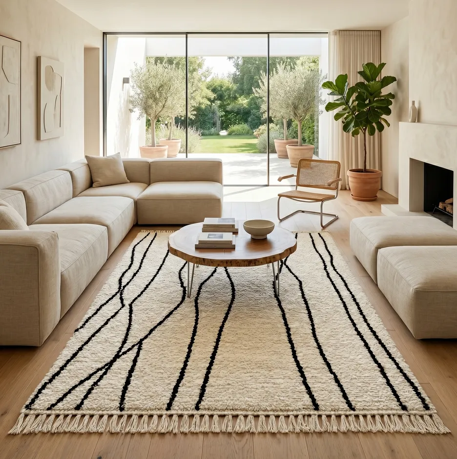 Tapis berbère Tinghir crème et noir à lignes, vue 3 sur 4