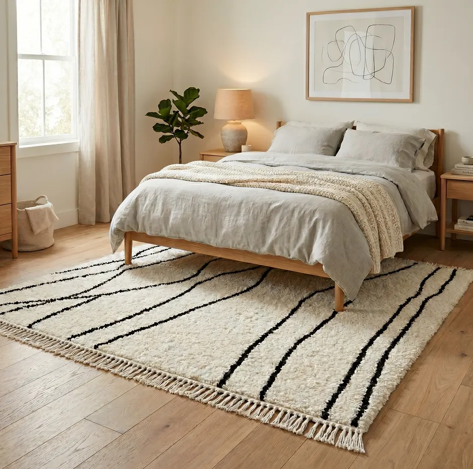 Tapis berbère Tinghir crème et noir à lignes, vue 4 sur 4