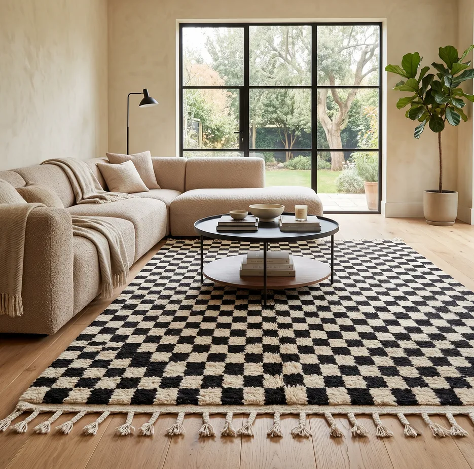 Tapis berbère Titrit noir et blanc à damier, vue 3 sur 4