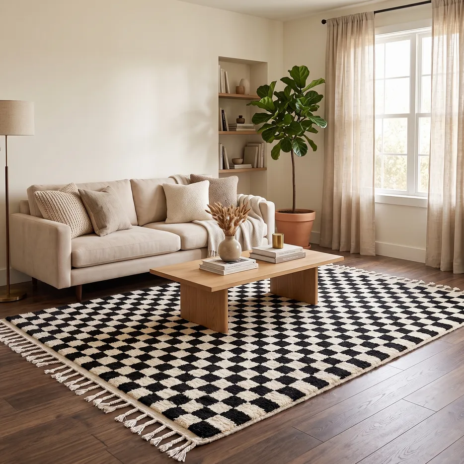 Tapis berbère Titrit noir et blanc à damier, vue 4 sur 4
