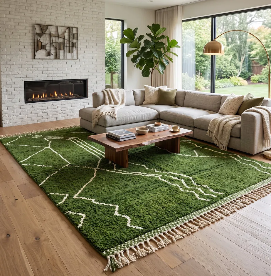 Tapis berbère Tiwul vert aux motifs géométriques, vue 3 sur 4