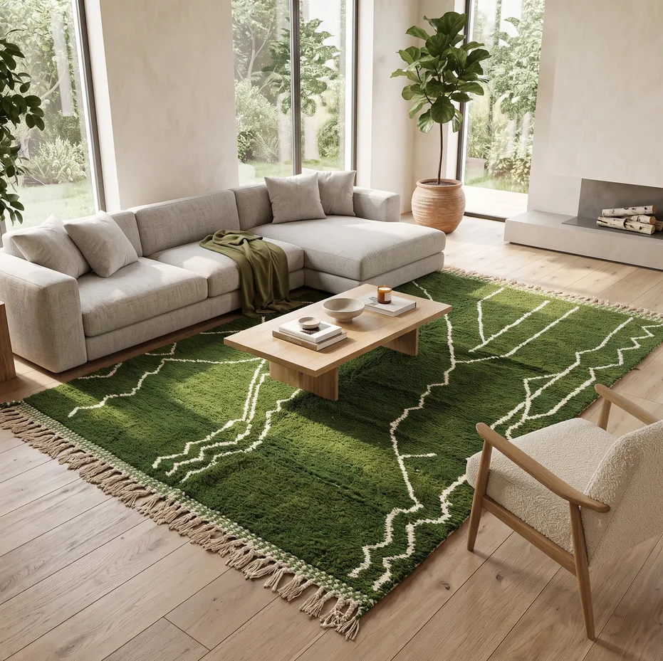 Tapis berbère Tiwul vert aux motifs géométriques, vue 4 sur 4