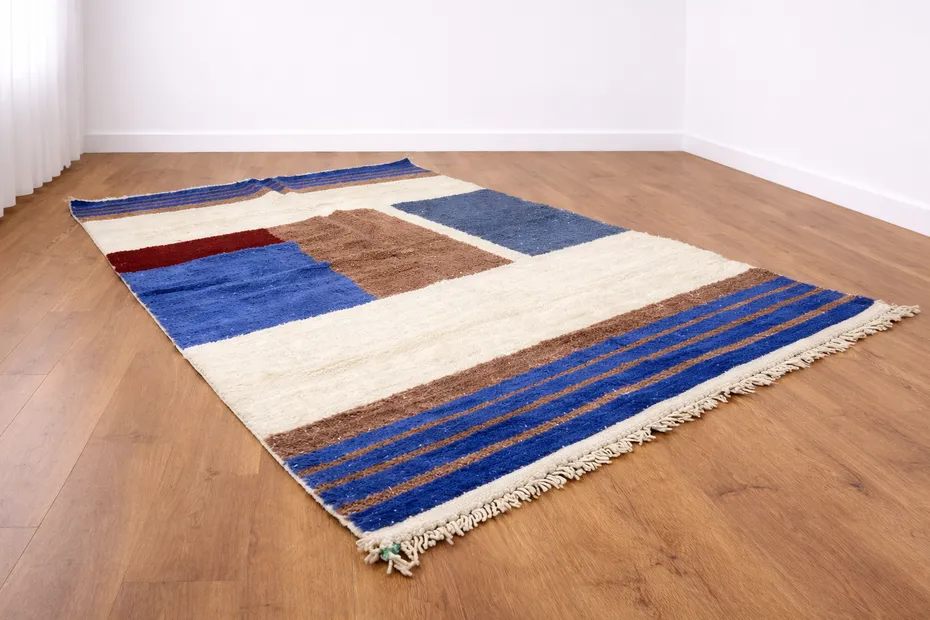 Tapis berbère Tiziri bleu aux motifs géométriques, vue 3 sur 4