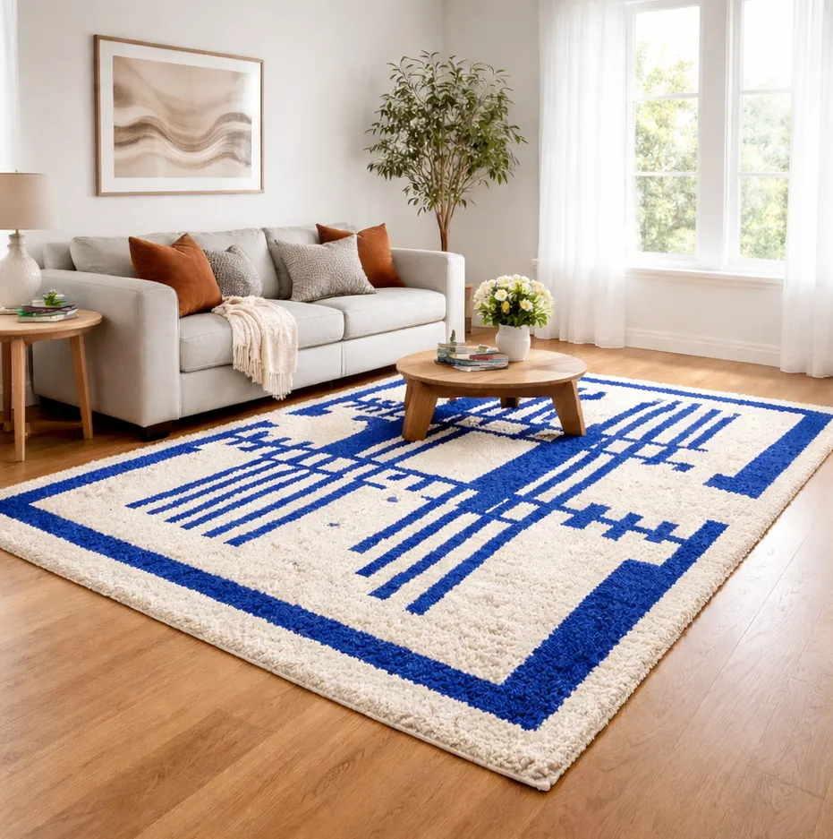 Tapis berbère Toubkal bleu aux motifs géométriques, vue 4 sur 4