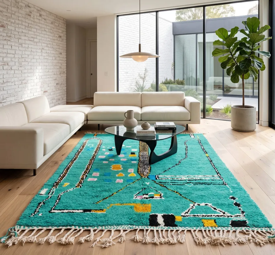 Tapis berbère Tudert vert au dessin abstrait, vue 4 sur 4