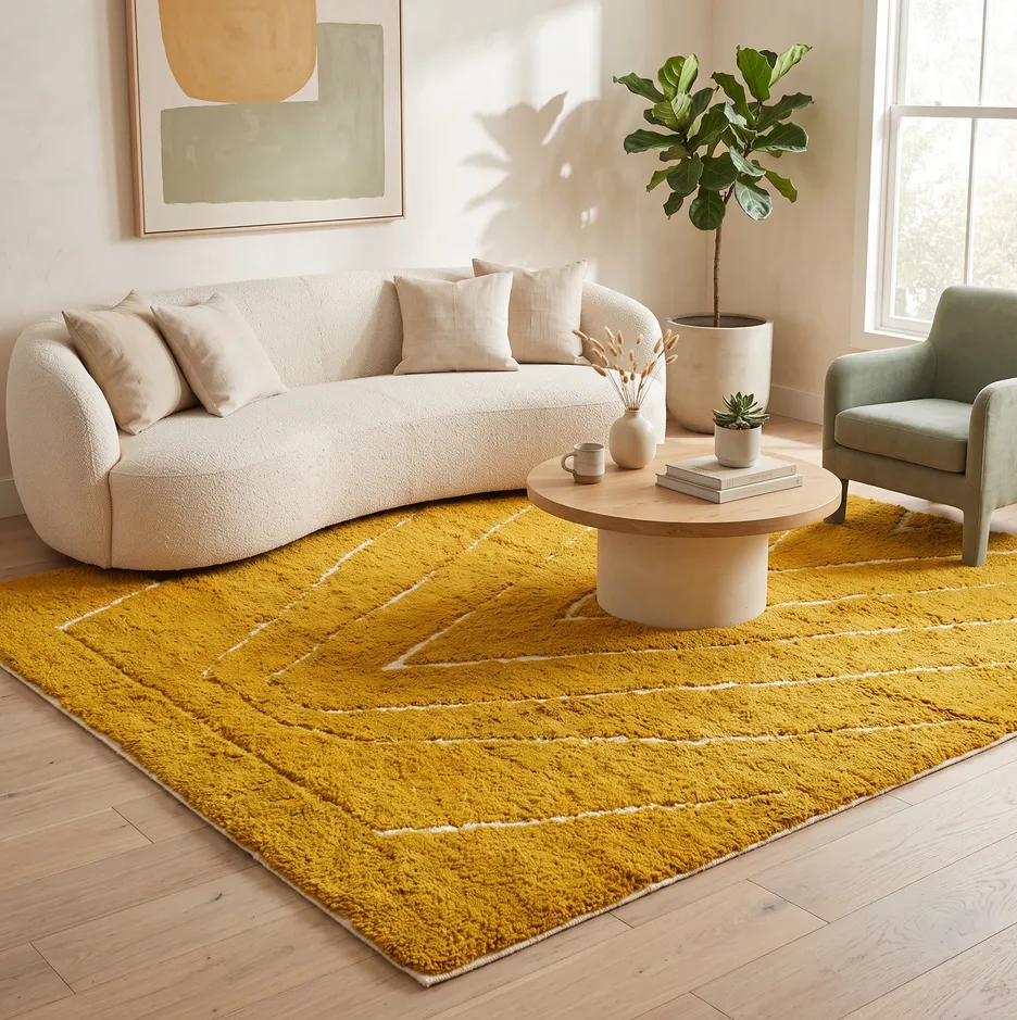 Tapis berbère Volubilis jaune aux motifs géométriques, vue 3 sur 4