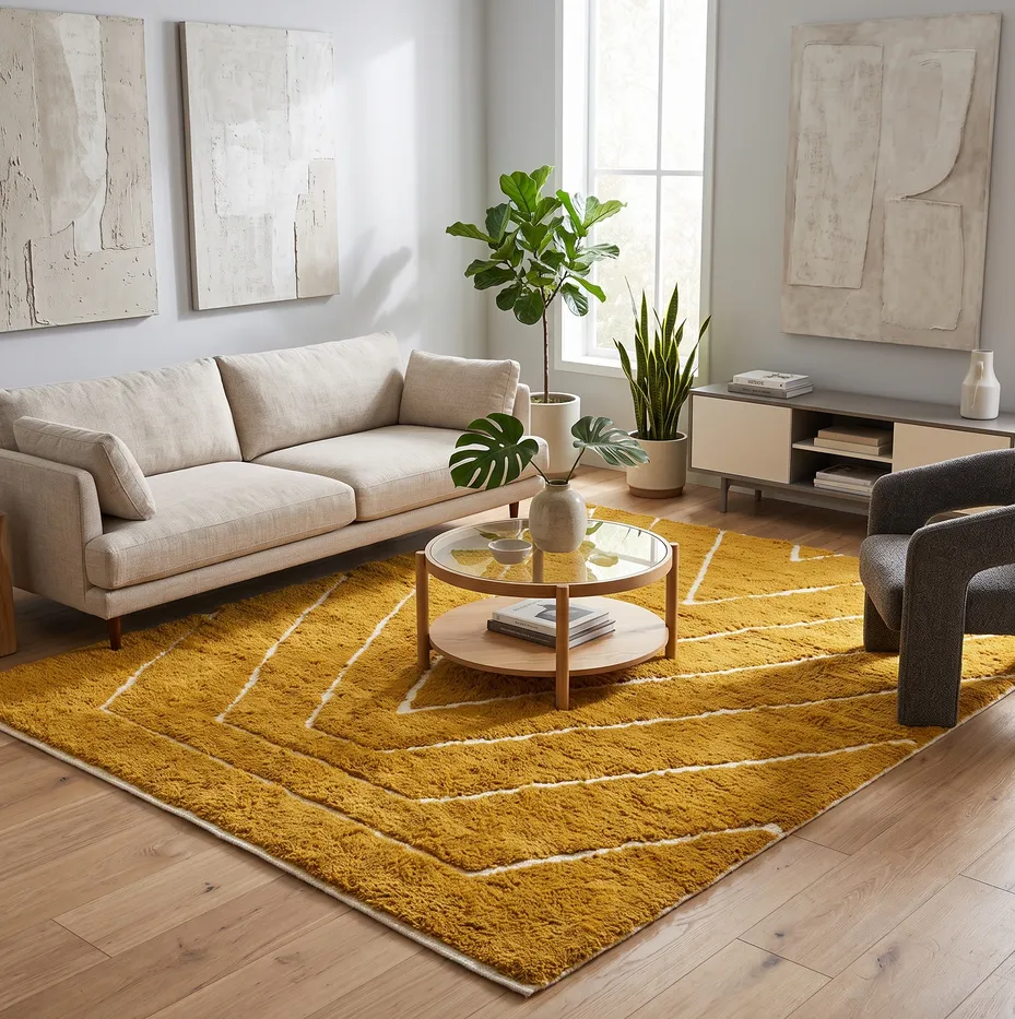 Tapis berbère Volubilis jaune aux motifs géométriques, vue 4 sur 4