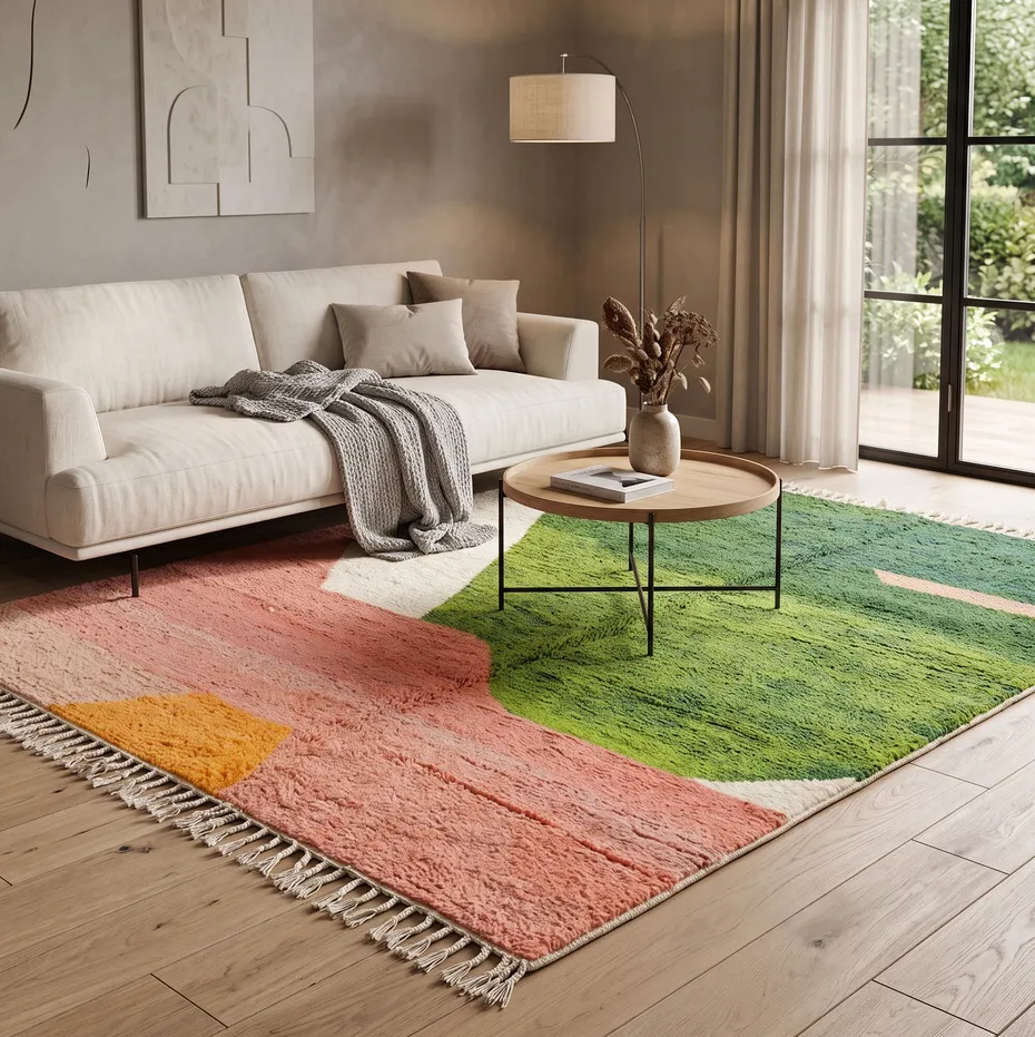 Tapis berbère Zat vert et rose au dessin abstrait, vue 3 sur 4