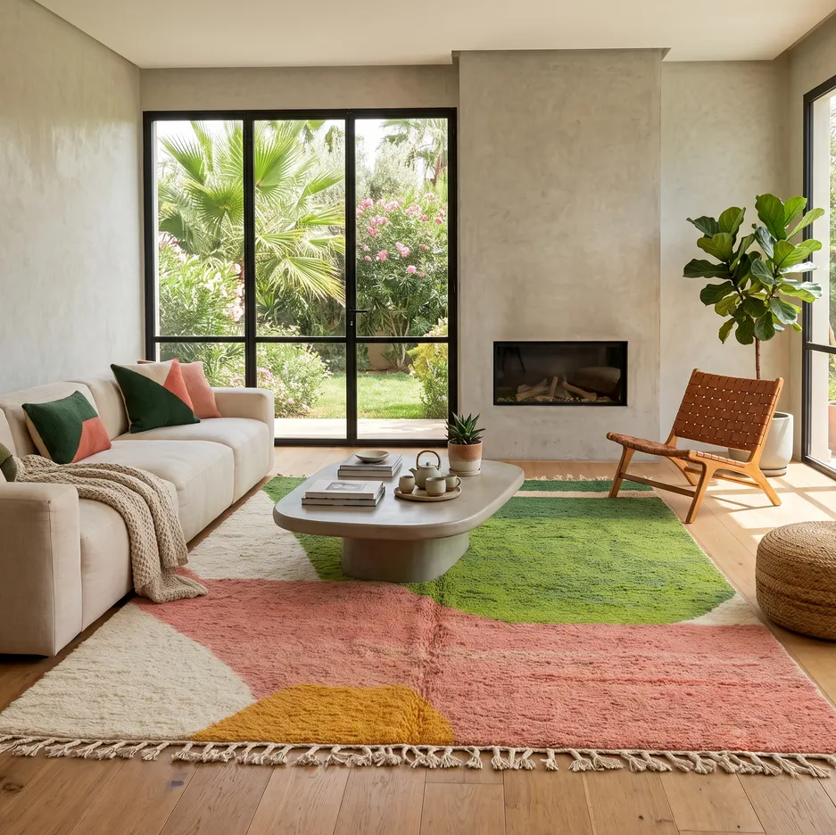 Tapis berbère Zat vert et rose au dessin abstrait, vue 4 sur 4