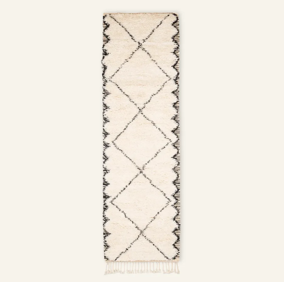 Tapis de couloir Beni Ouarain Aoufous beige et noir — tapis beni ouarain tissé à la main