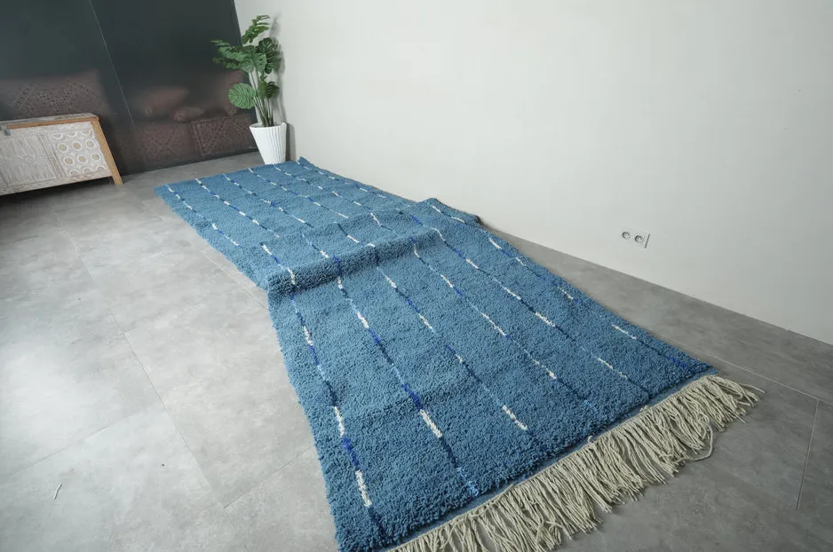 Tapis de couloir berbère Abid bleu à rayures, vue 4 sur 7
