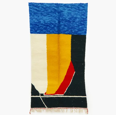 Tapis de couloir berbère Azemmour bleu et jaune au dessin abstrait — tapis berbères contemporains