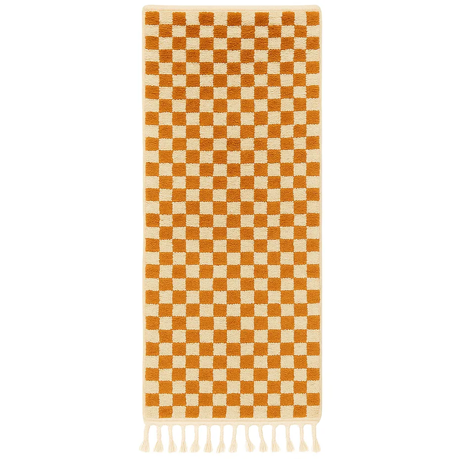 Tapis de couloir berbère Debdou orange et blanc à damier — tapis berbères contemporains tissé à la main