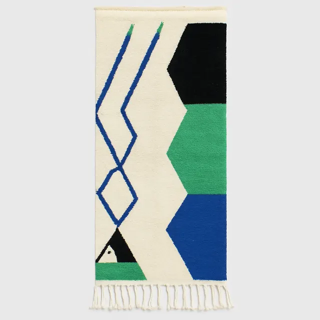 Tapis de couloir berbère Massin bleu et vert aux motifs géométriques — tapis berbères contemporains