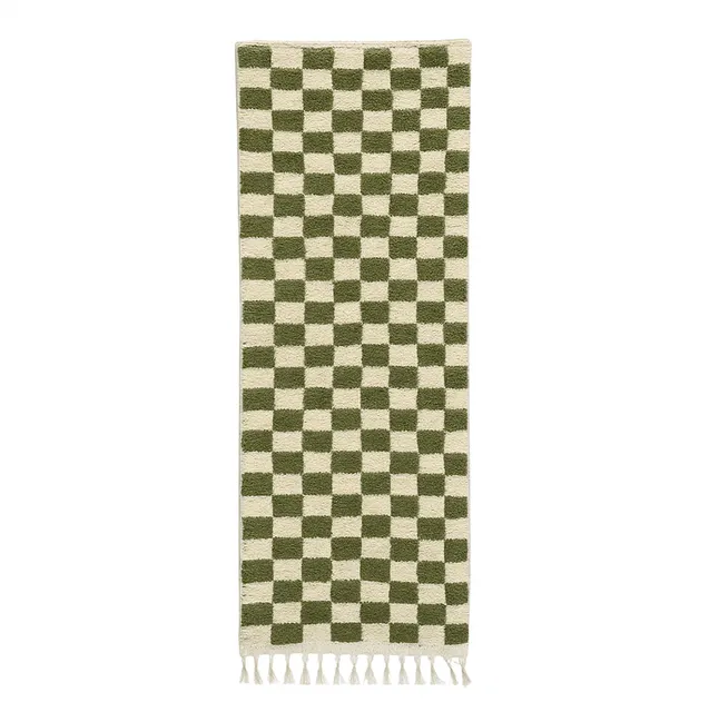 Tapis de couloir berbère Mgoun vert et blanc à damier — tapis berbères contemporains