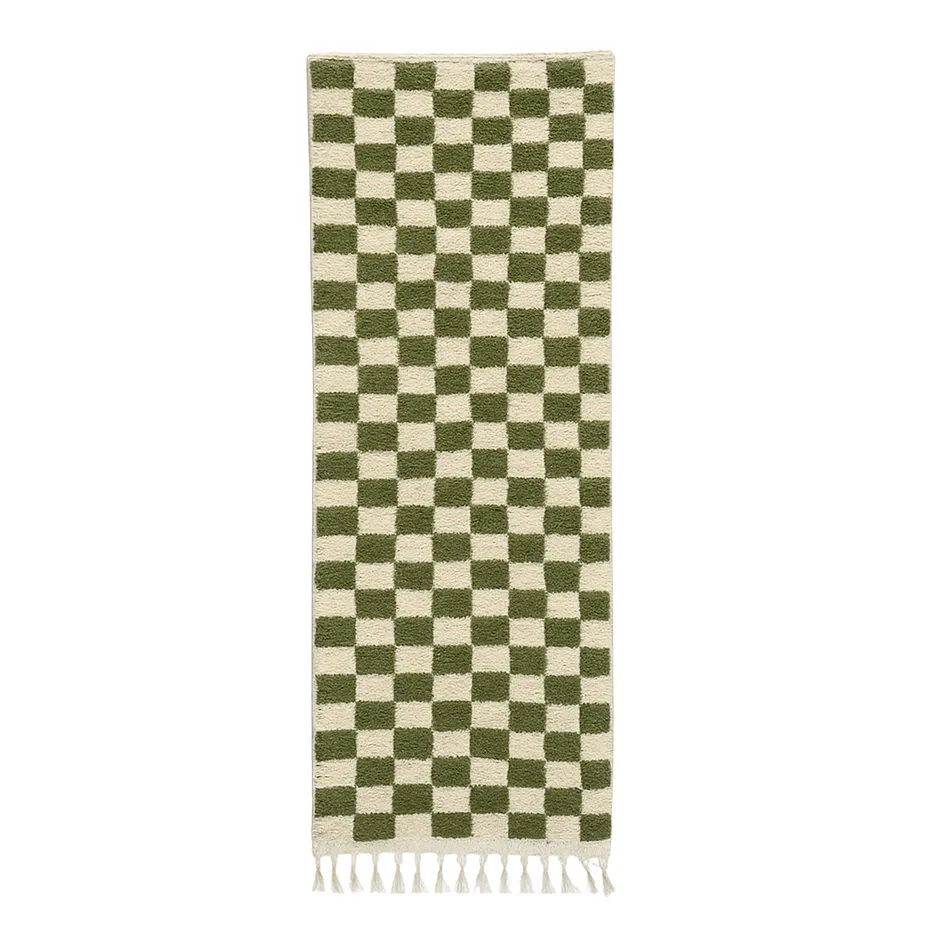 Tapis de couloir berbère Mgoun vert et blanc à damier — tapis berbères contemporains tissé à la main