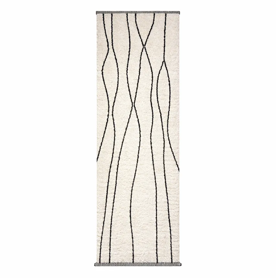 Tapis de couloir berbère Moulouya noir et blanc à lignes — tapis berbères contemporains tissé à la main