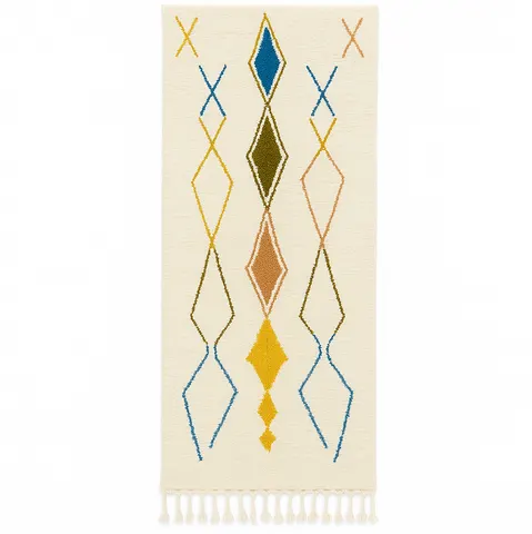 Tapis de couloir berbère Ouiouane blanc et multicolore à losanges — tapis berbères contemporains