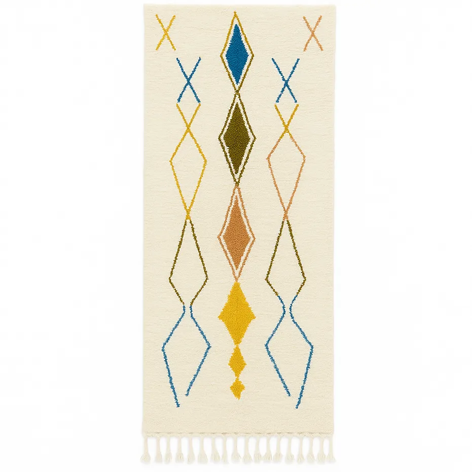 Tapis de couloir berbère Ouiouane blanc et multicolore à losanges — tapis berbères contemporains tissé à la main