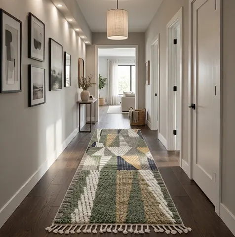 Tapis de couloir berbère Rheris vert aux motifs géométriques — tapis berbères contemporains