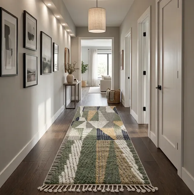 Tapis de couloir berbère Rheris vert aux motifs géométriques — tapis berbères contemporains